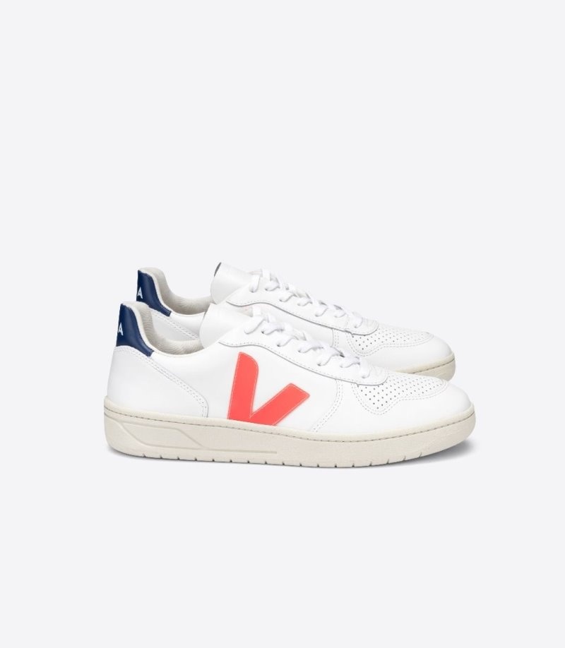 Tenis Veja V-10 Cuero Hombre Blancas Naranjas Azules Oscuro Colombia | LVNXE2